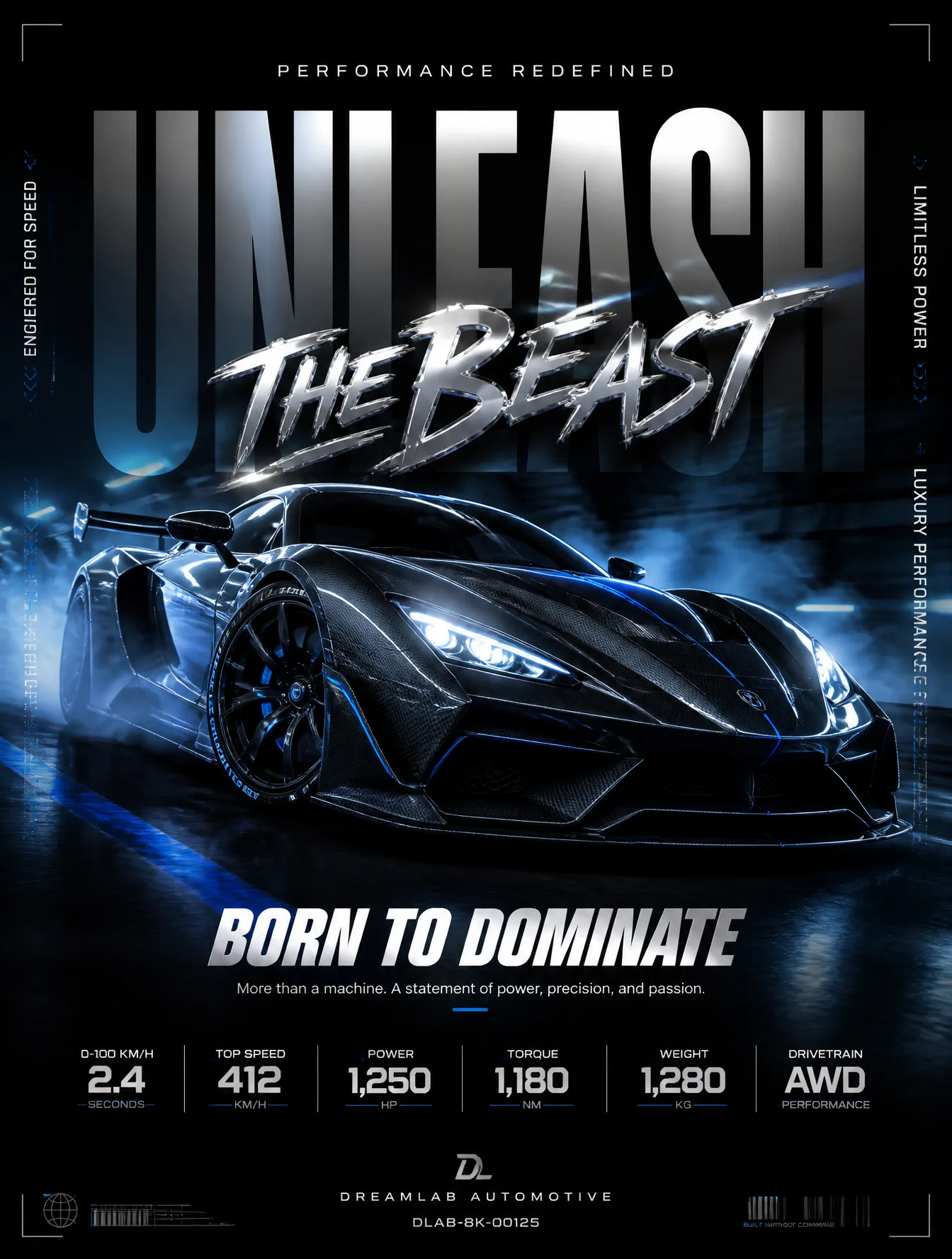 Ultra-premium automotive advertising poster on a dark cin...