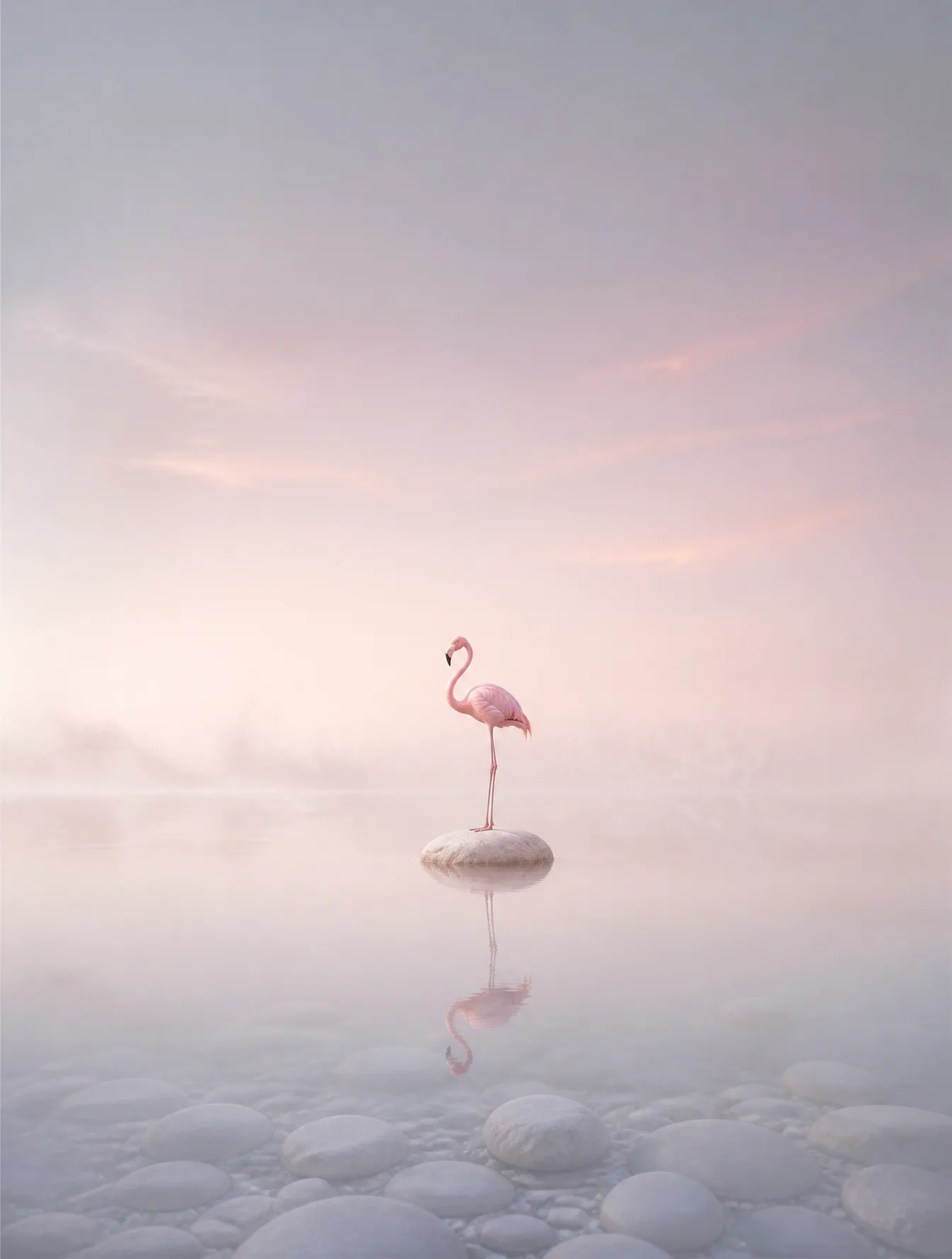 A lone flamingo stands motionless on a smooth patch of light-colored …