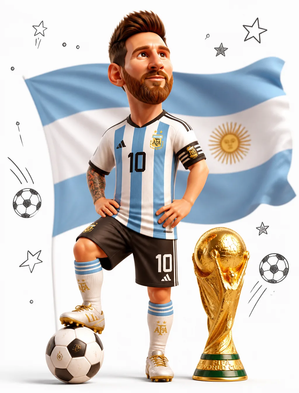 A stylized 3D caricature of Lionel Messi stands heroicall...