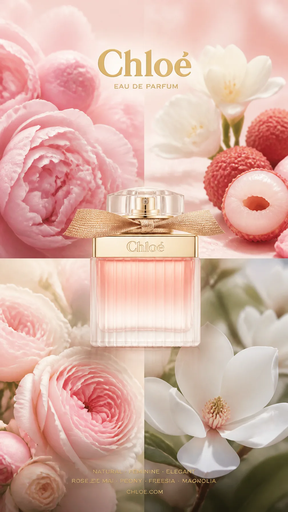 A luxury perfume advertisement mood board for "Chloé" Eau...