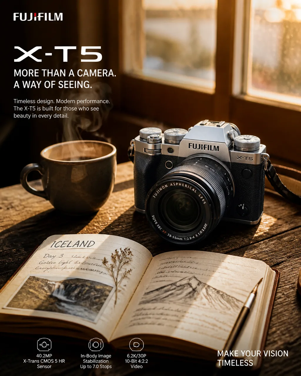 A lifestyle advertisement poster for the Fujifilm X-T5 ca...