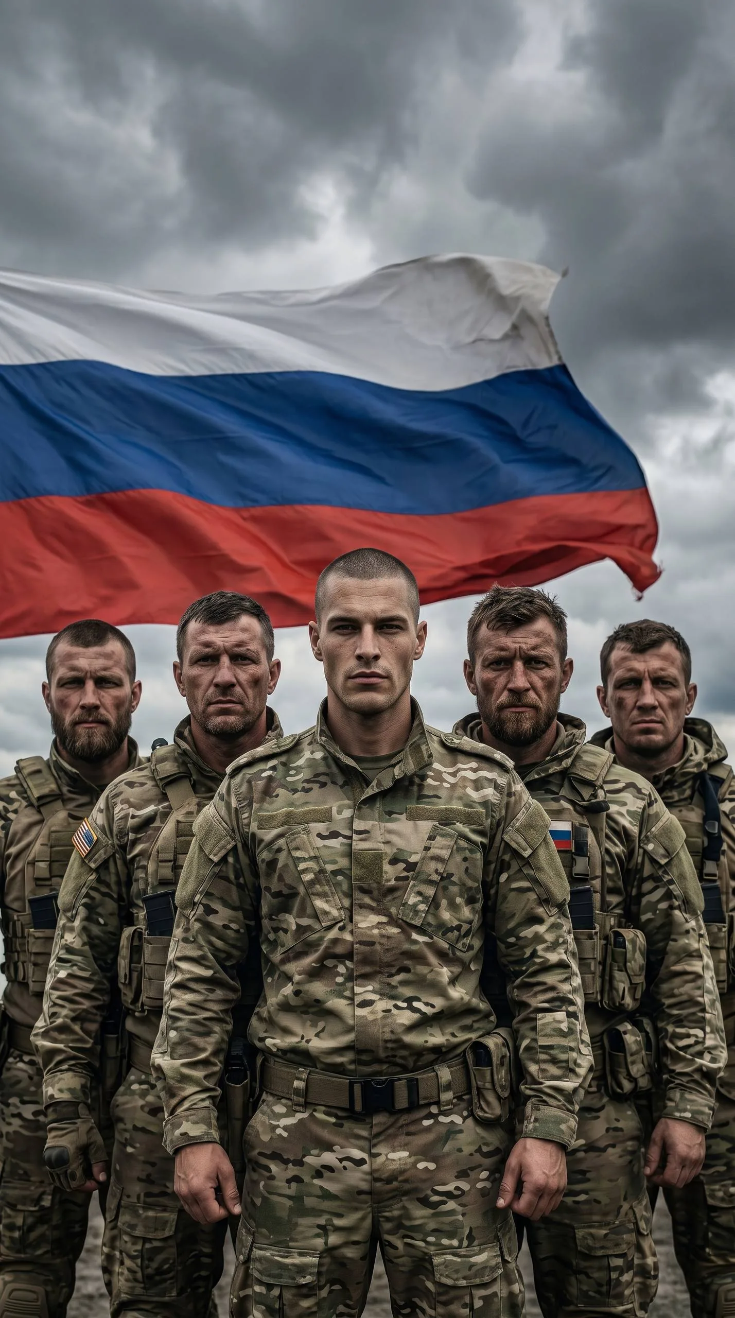 Боец на фоне триколора ко Дню Ветеранов боевых действий