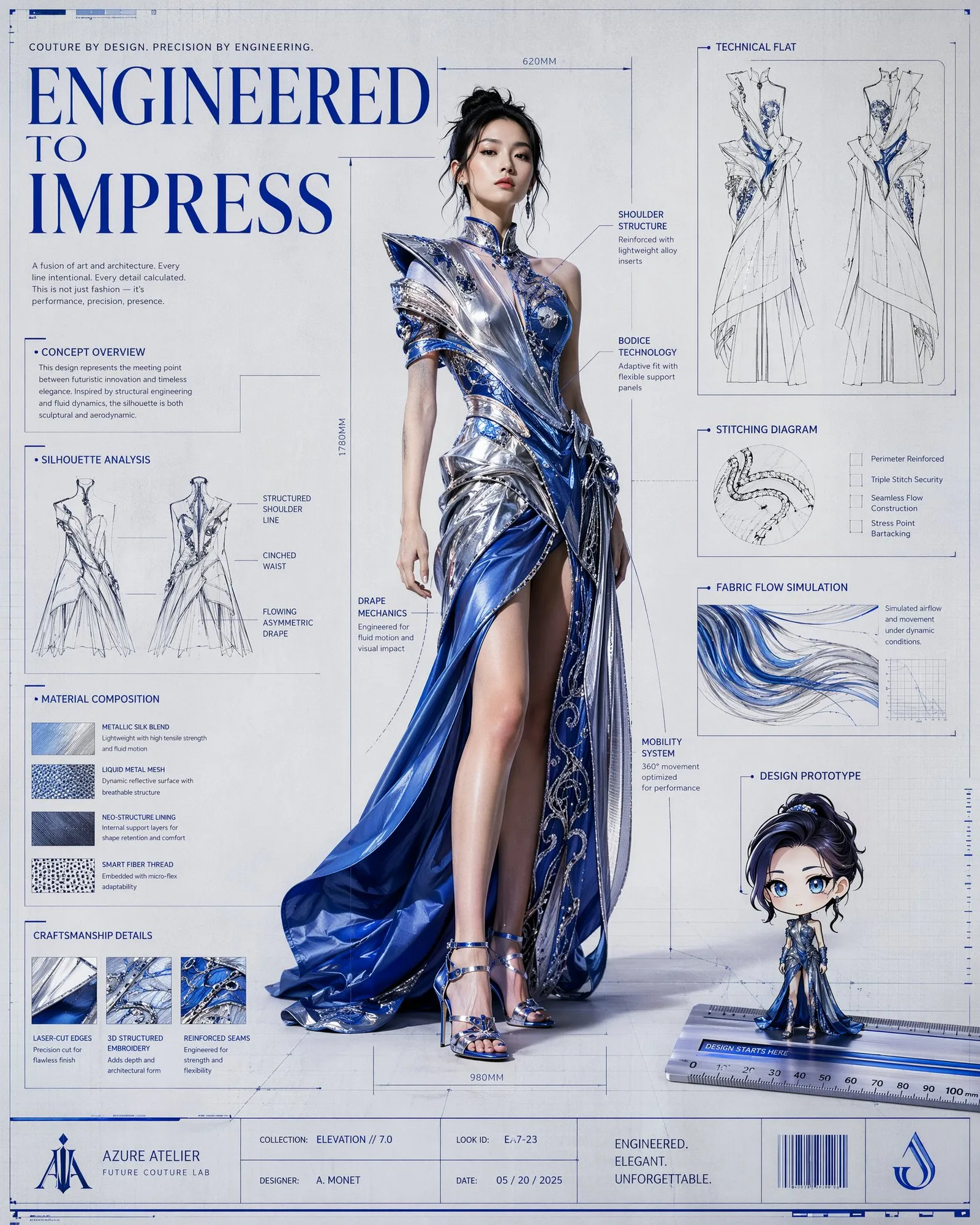Luxury fashion campaign poster as an architectural blueprin…